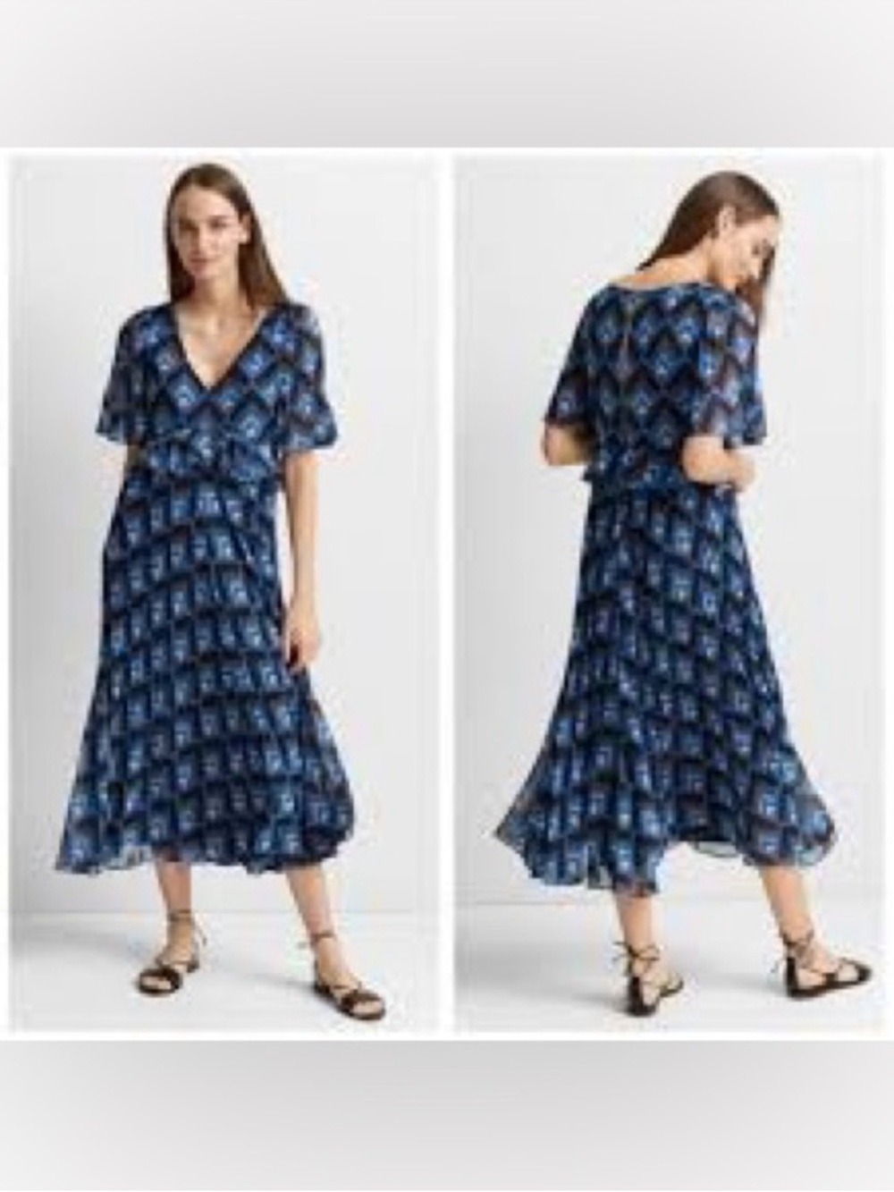 Club Monaco Navy Geometric Wrap Midi Dress